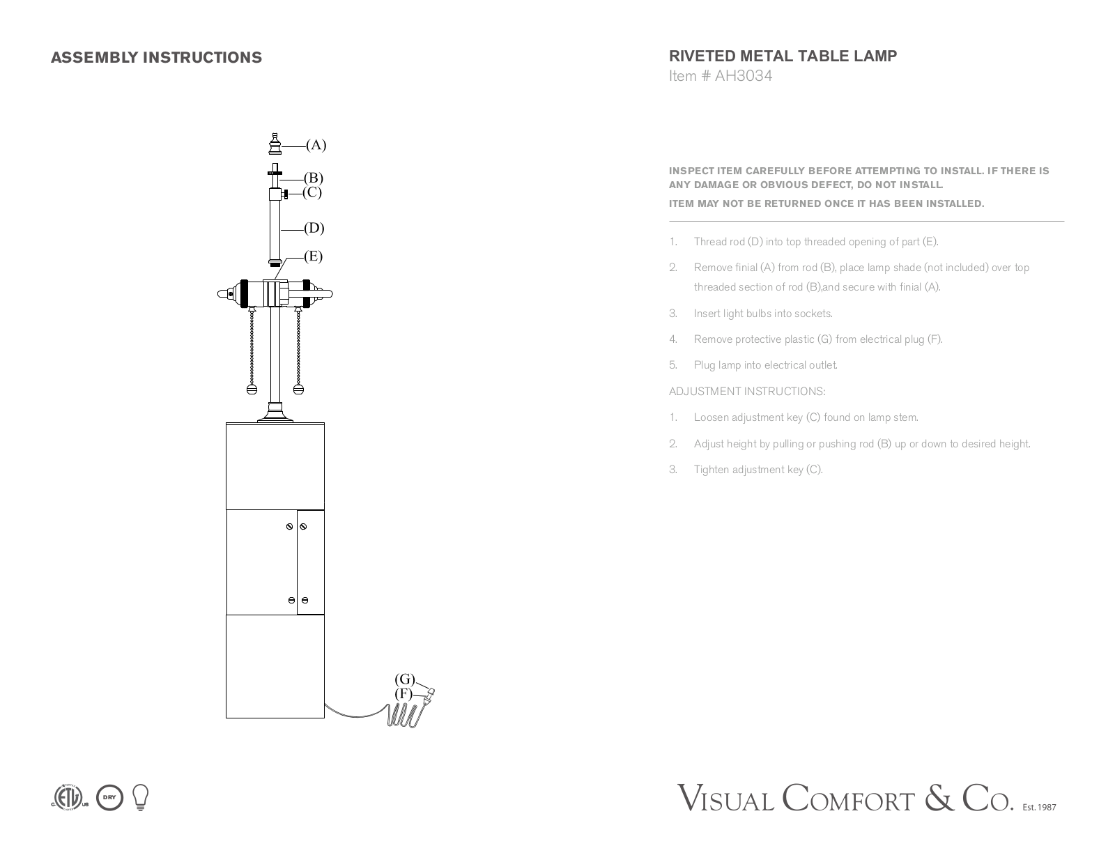 Visual Comfort AH3034 Assembly Instructions - ManualMachine.com