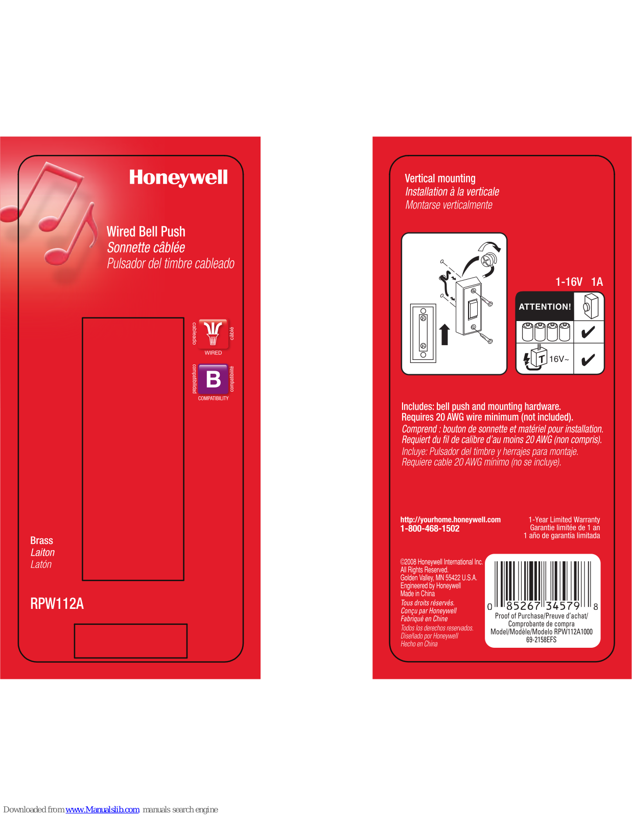 Honeywell RPW112A Mounting Instruction