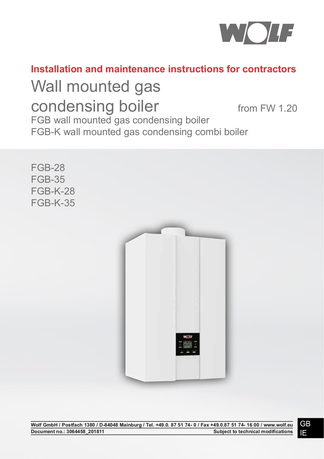 Wolf FGB-K Series, FGB Series, FGB-28, FGB-K-35, FGB-35 Installation And Maintenance Instructions For Contractors