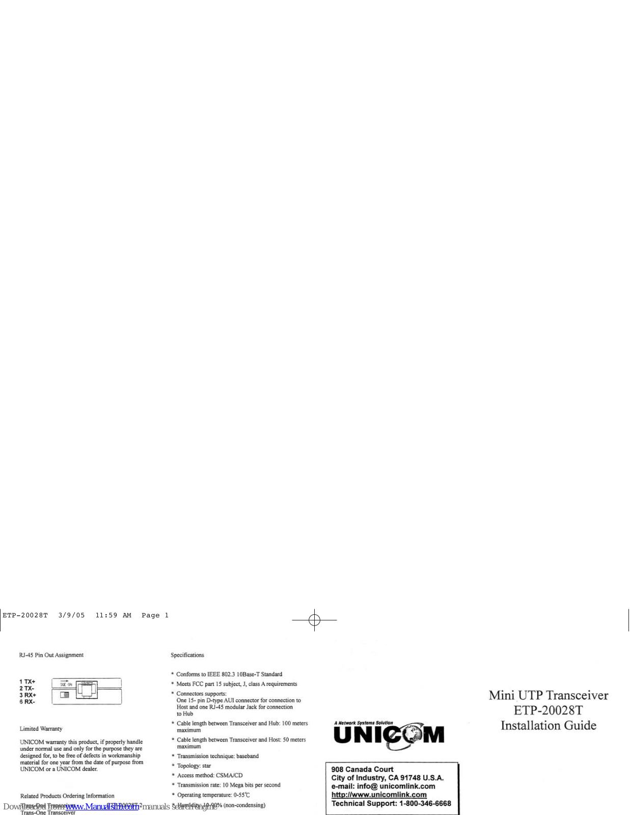 UNICOM Mini UTP Transceiver ETP-20028T Installation Manual