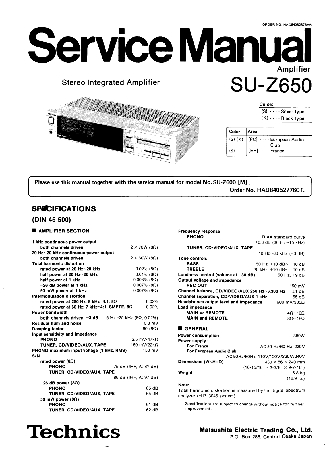 Technics SU-Z650, SU-Z600 Service Manual