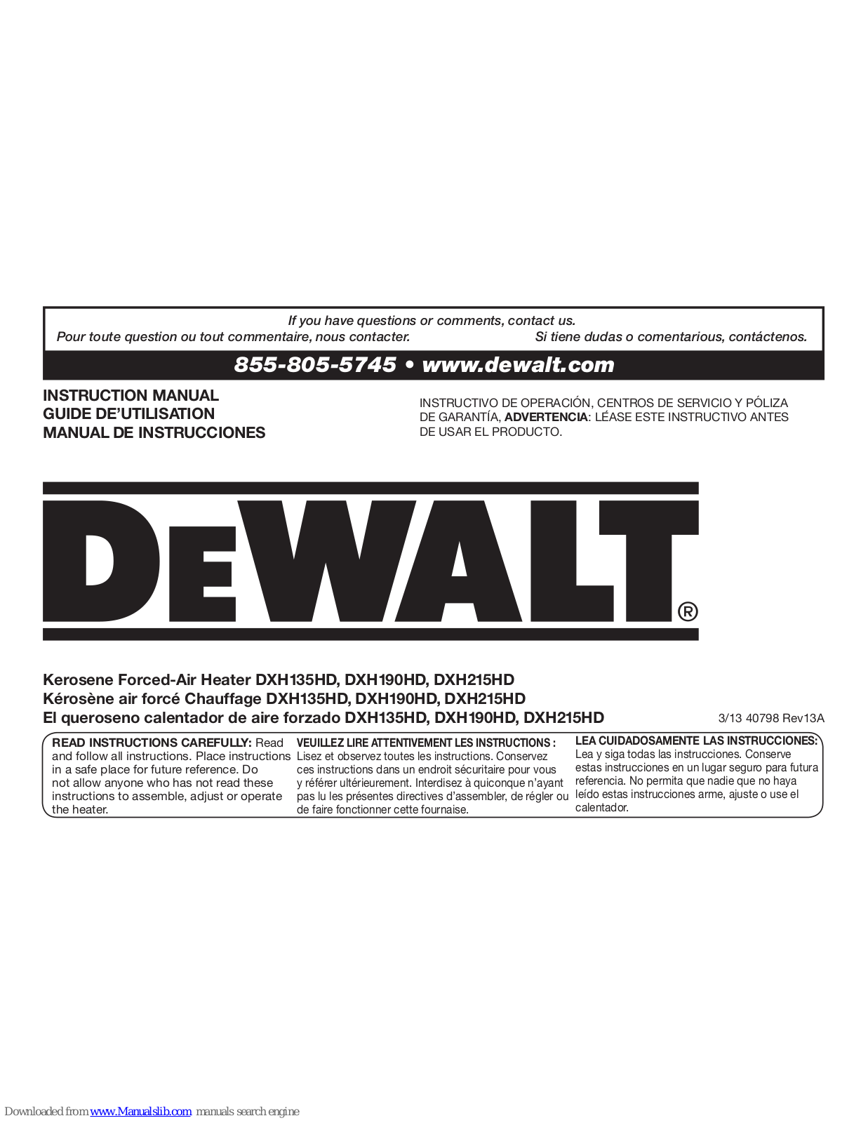 DeWalt DXH135HD, DXH190HD, DXH215HD Instruction Manual