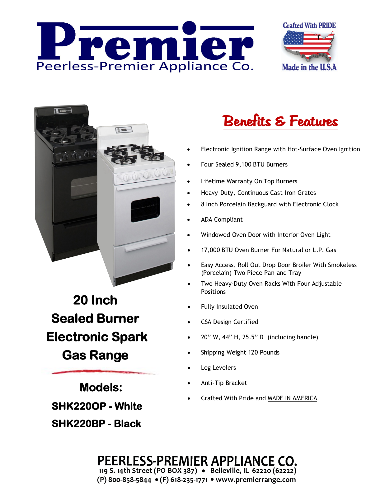 Premier SHK220OP, SHK220BP Specifications - ManualMachine.com