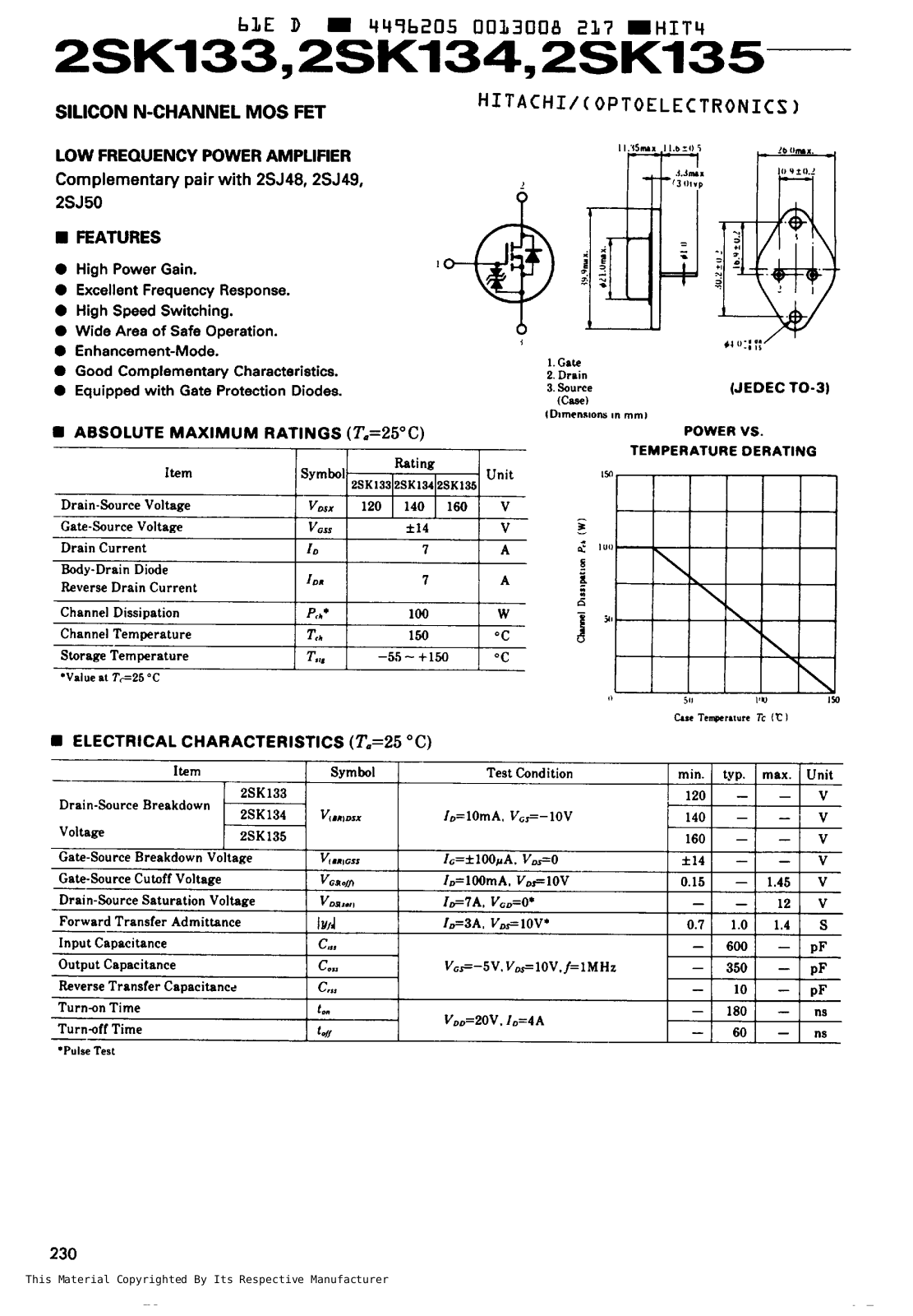 HIT 2SK135, 2SK134, 2SK133 Datasheet