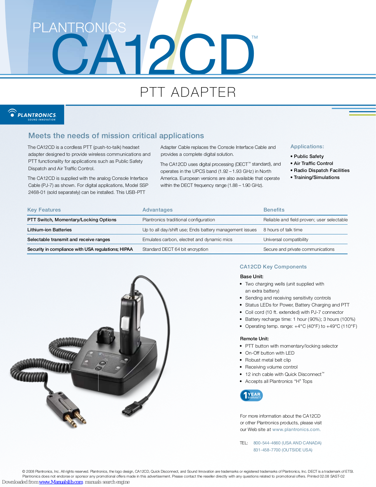 Plantronics CA12CD PTT Adapter Product Sheet