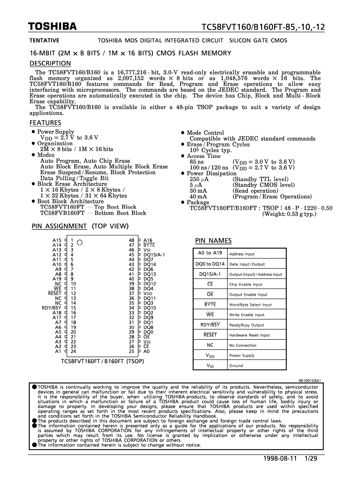 Toshiba TC58FVT160-85 Datasheet