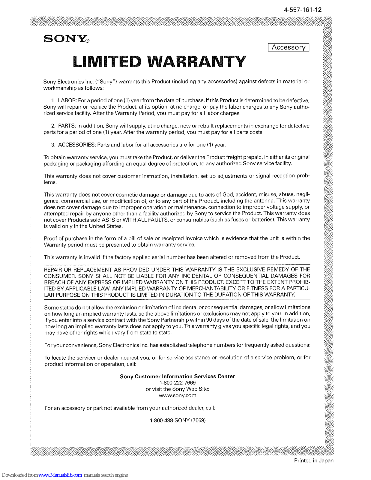 Sony BCR-NWU7 - Cradle For Walkman, CKM-NWZE440US, BCRNWU1, BCRNWU3, RM-AV2500 - Integrated Remote Commander Limited Warranty