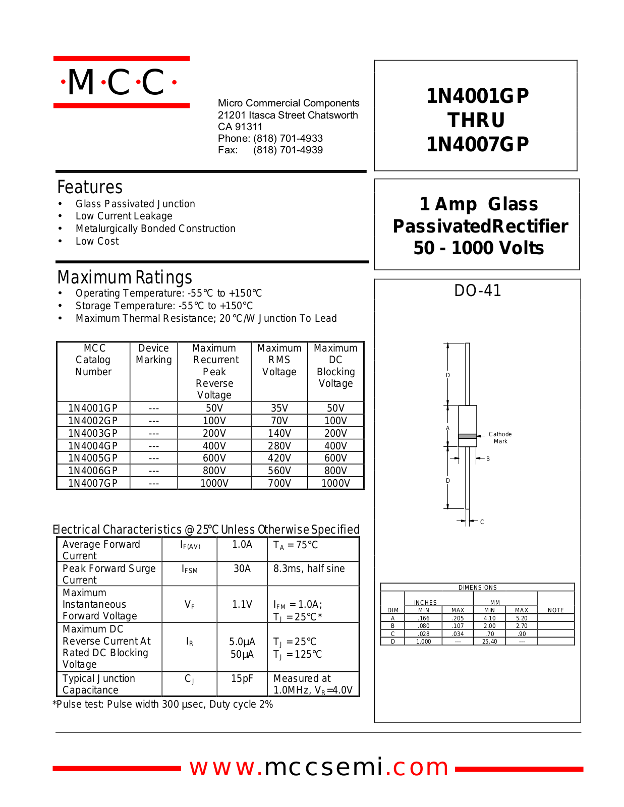 MCC 1N4007GP, 1N4006GP, 1N4005GP, 1N4004GP, 1N4003GP Datasheet