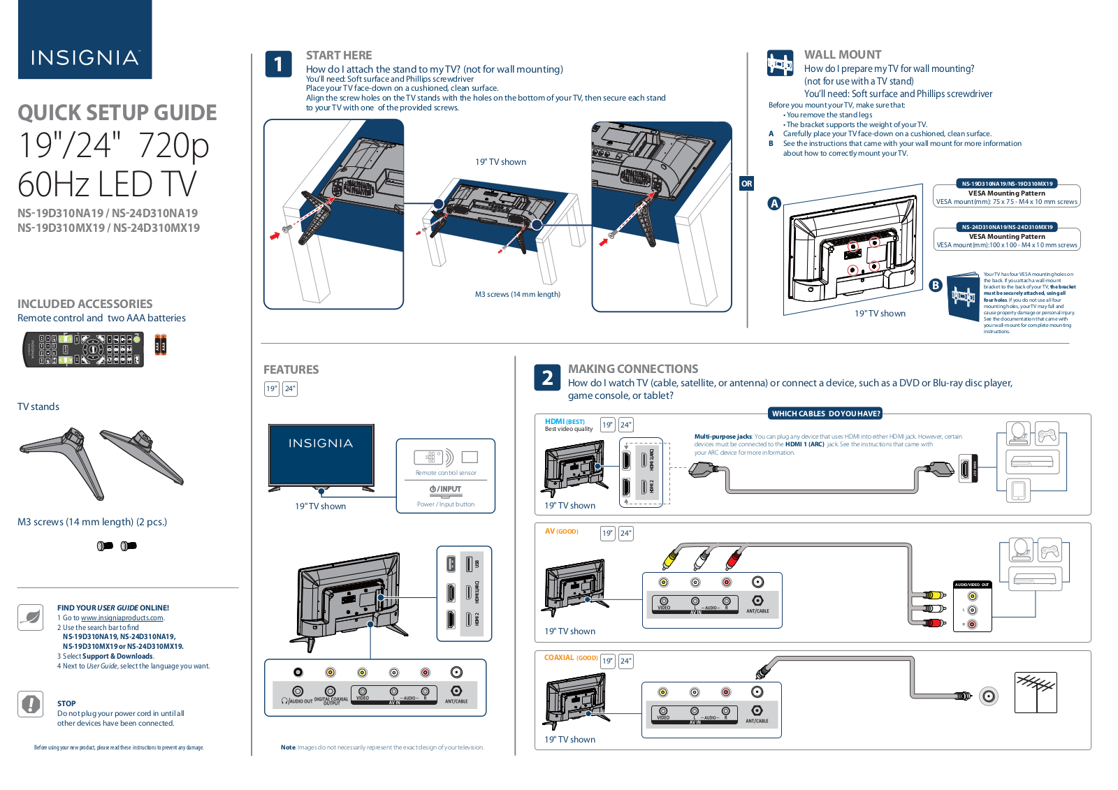 Insignia NS-19D310NA19, NS-24D310NA19, NS-19D310MX19, NS-24D310MX19 Quick Setup Guide