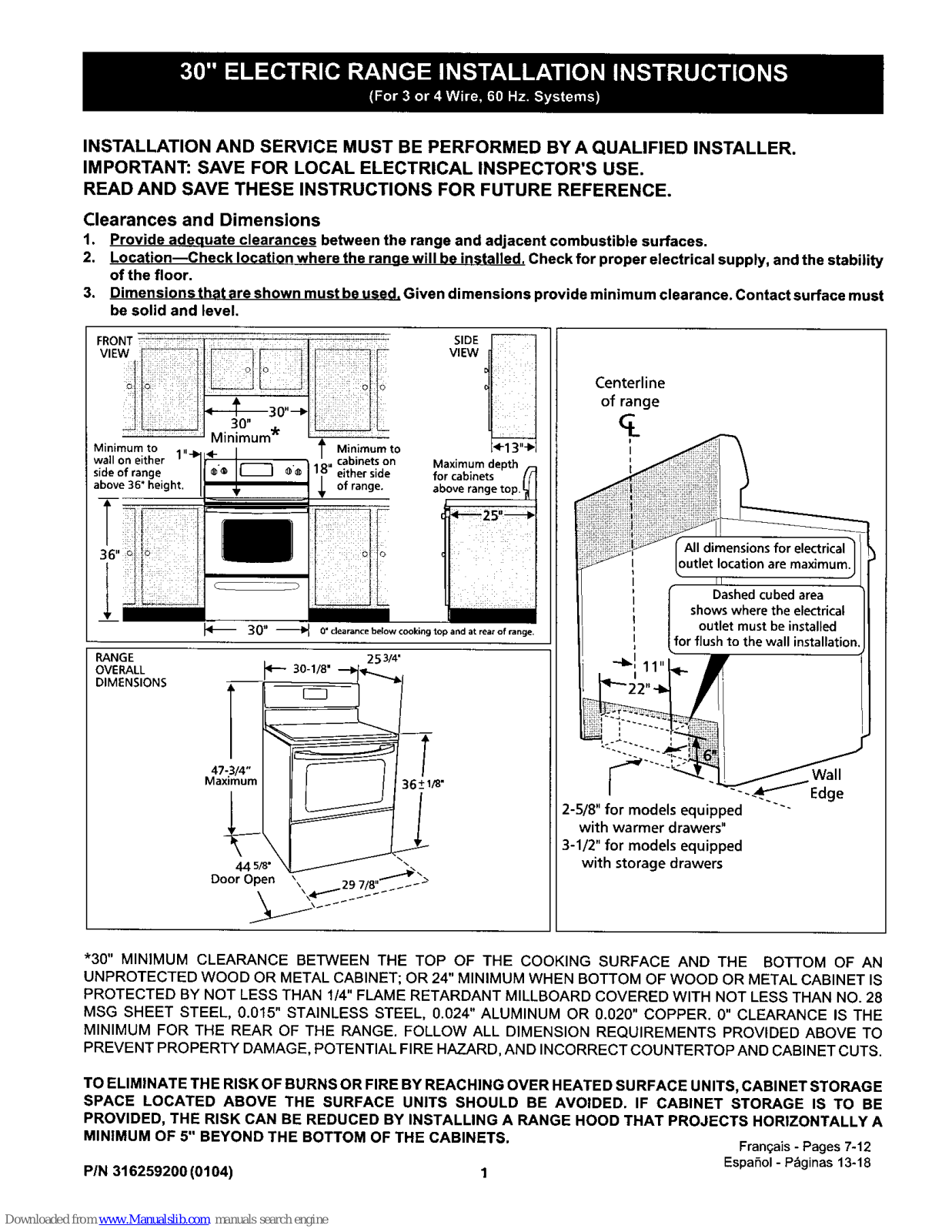Frigidaire FEF355ABC, FEF355ASC, FEF361AWB, NGSE3CSASA, NGSE3CSAQA Installation Instructions Manual - ManualMachine.com