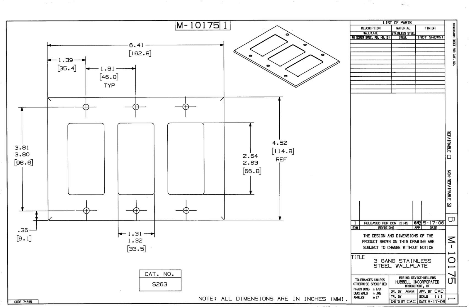 Hubbell SS263 Reference Drawing