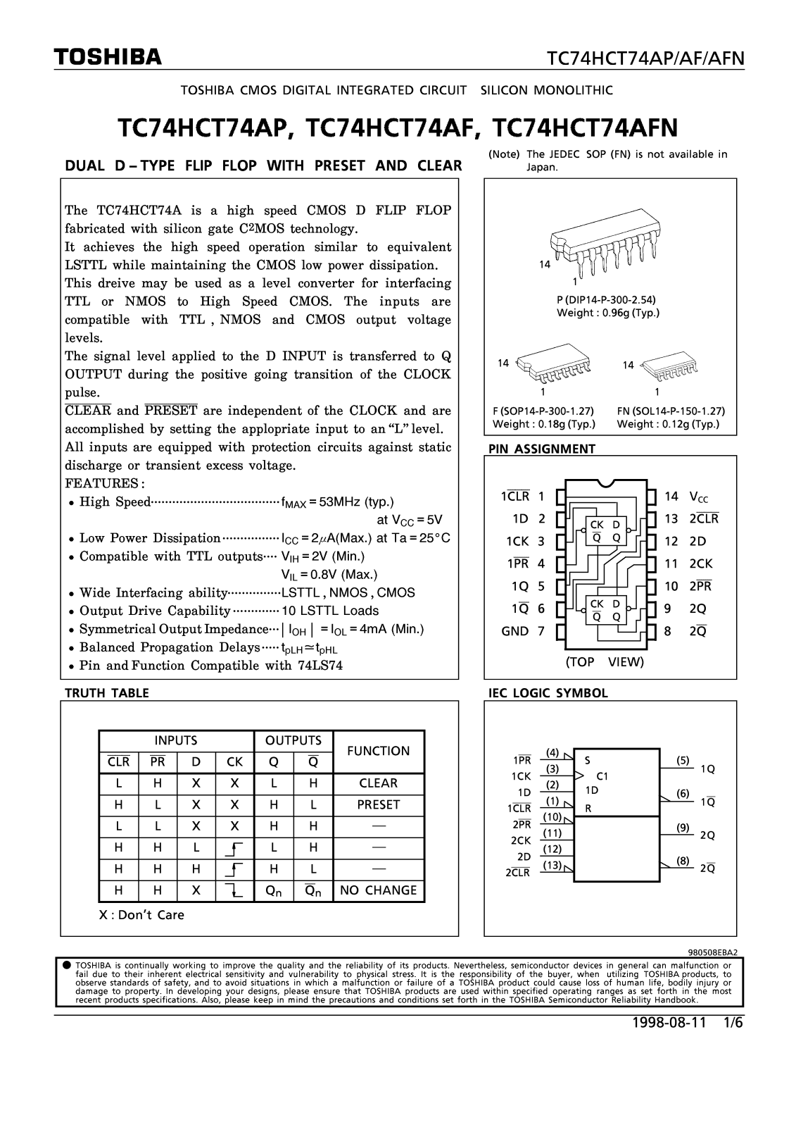 Toshiba TC74HCT74AP Datasheet