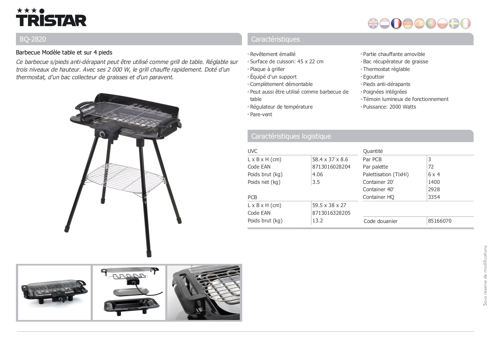 Tristar BQ­2820 product sheet