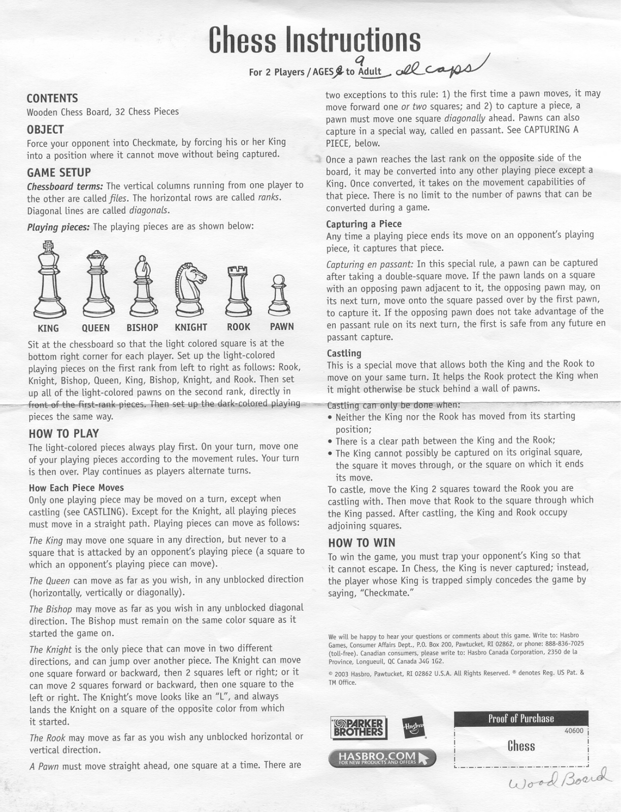 HASBRO Chess Wood Board 2003 User Manual