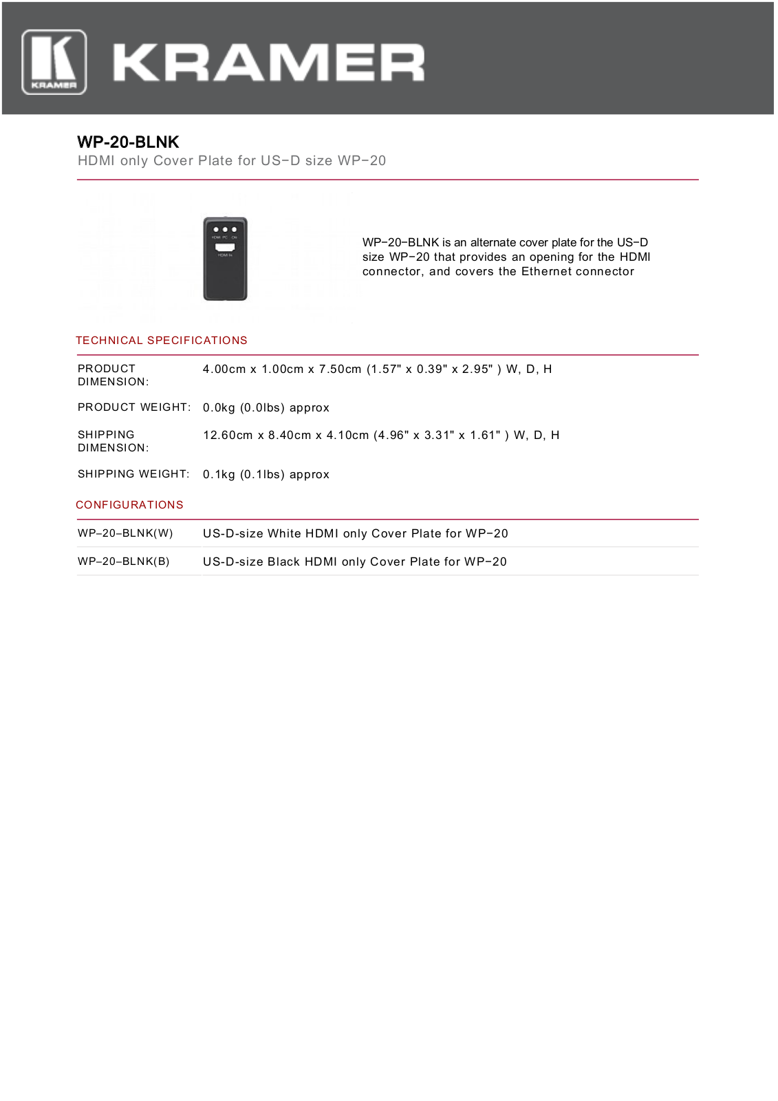 Kramer WP-20-BLNK Datasheet