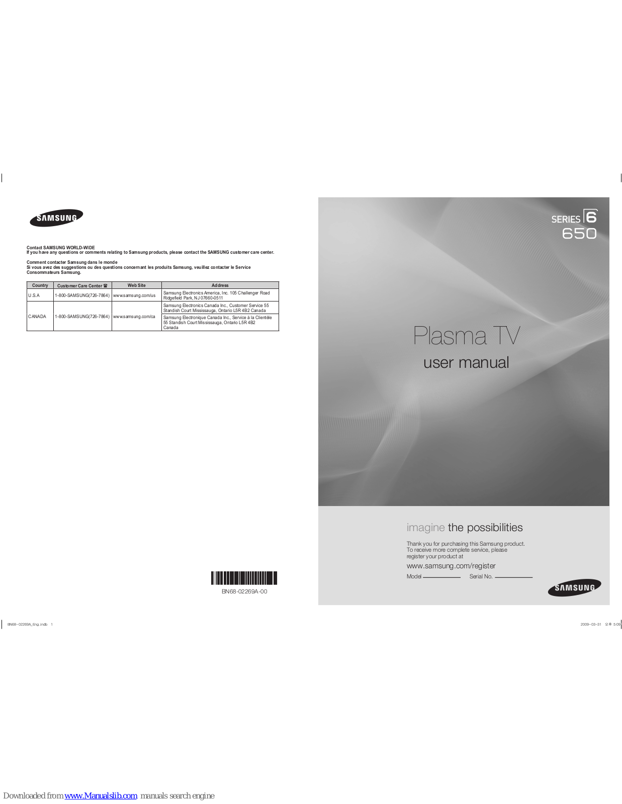 Samsung PN50B650, PN58B650, PN58B650S1F, PN50B650S1F User Manual