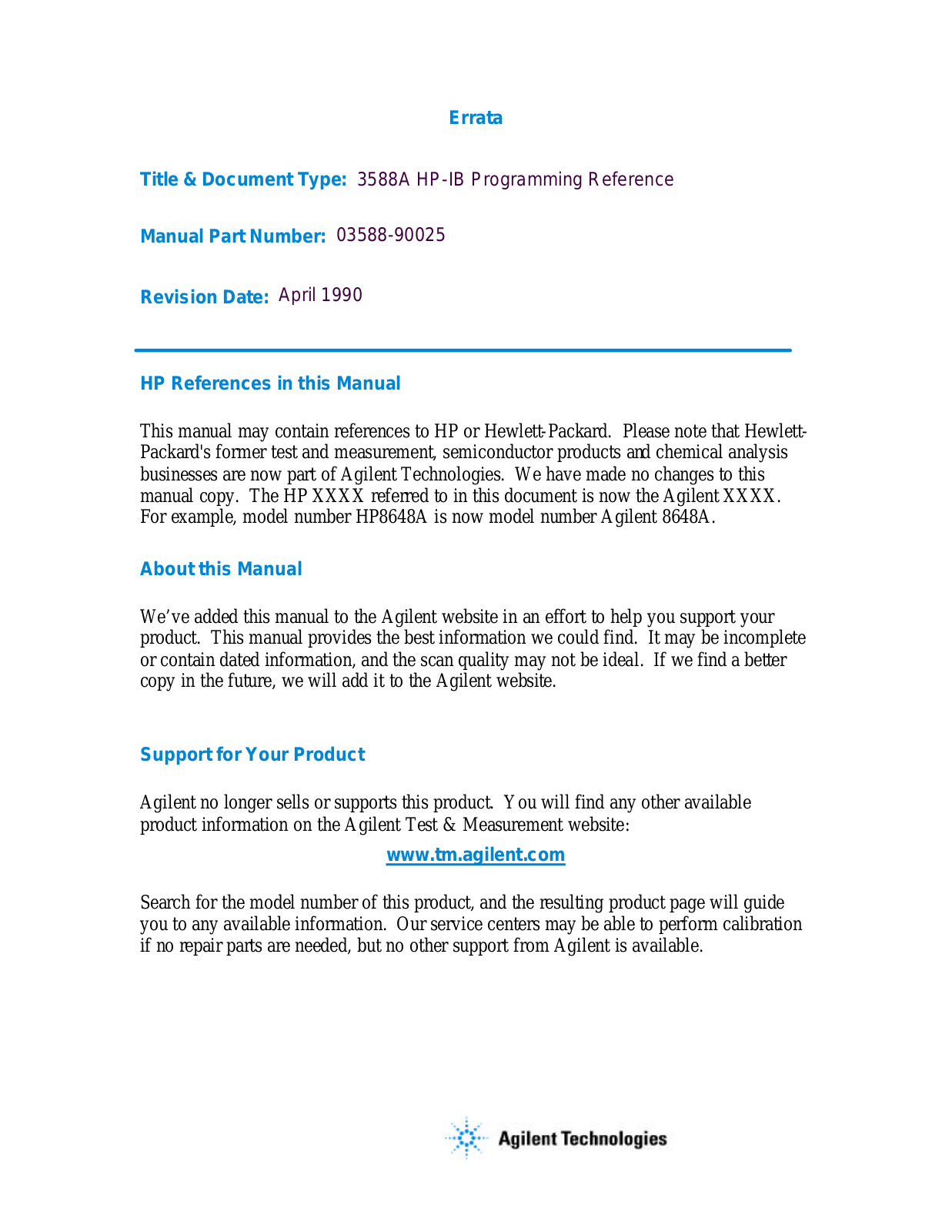 Agilent 03588-90025 Programming Manual Datasheet - ManualMachine.com