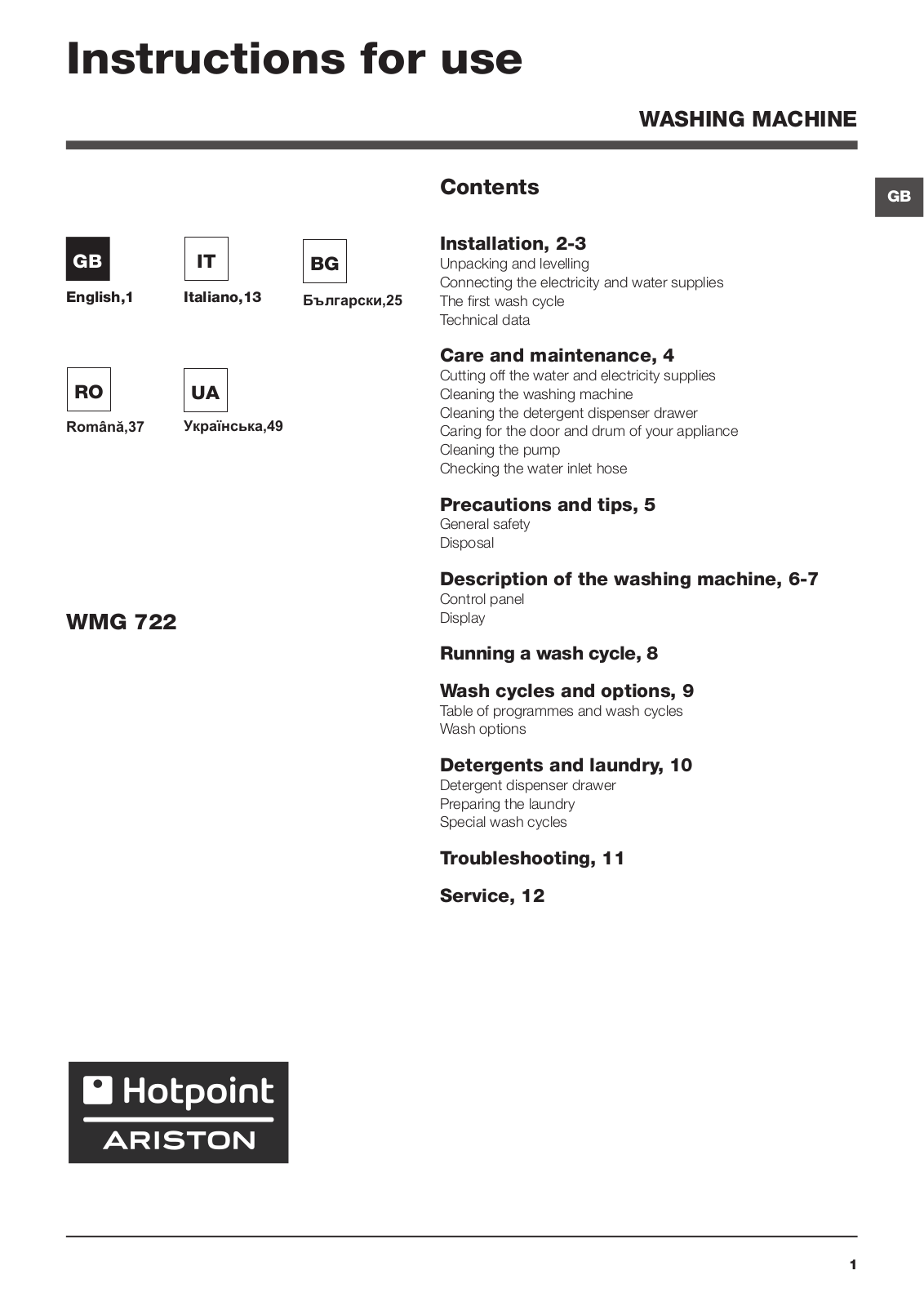 HOTPOINT/ARISTON WMG 722S EU User Manual