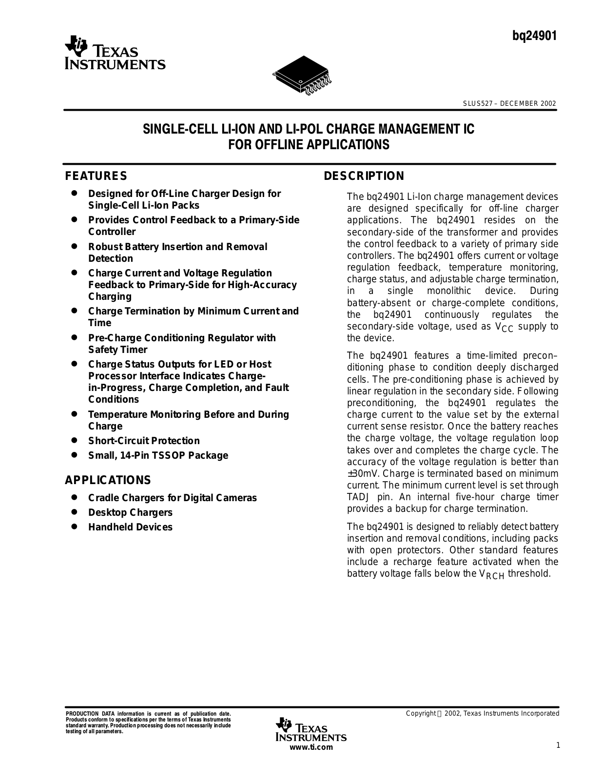 TEXAS INSTRUMENTS bq24901 Technical data