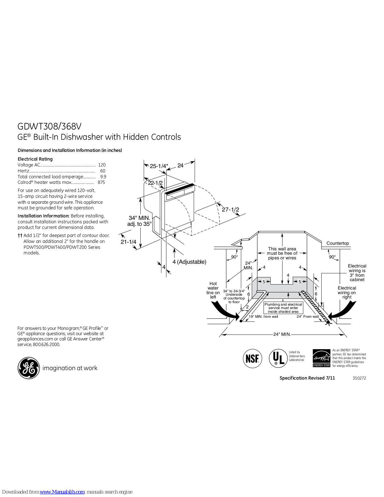 GE GDWT308V, GDWT368VSS Dimensions And Installation Information