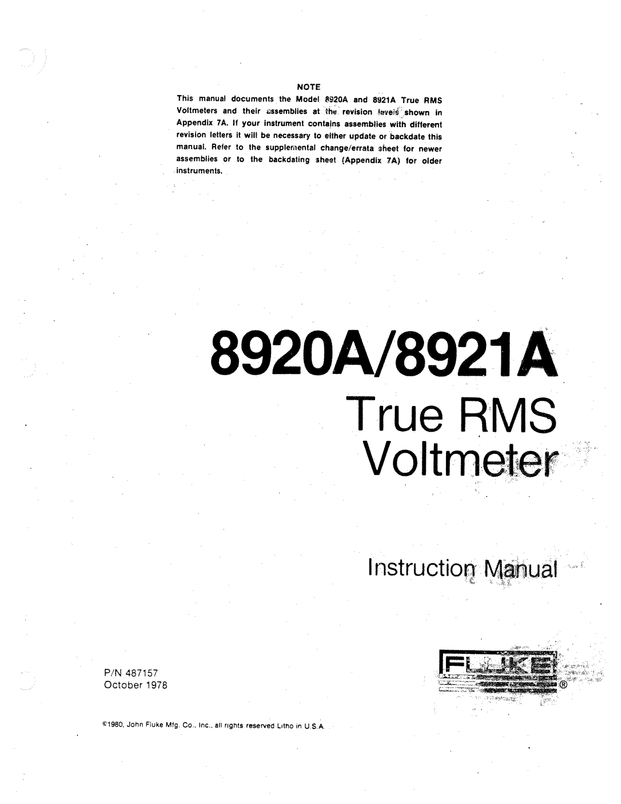 Fluke 8920A User Manual