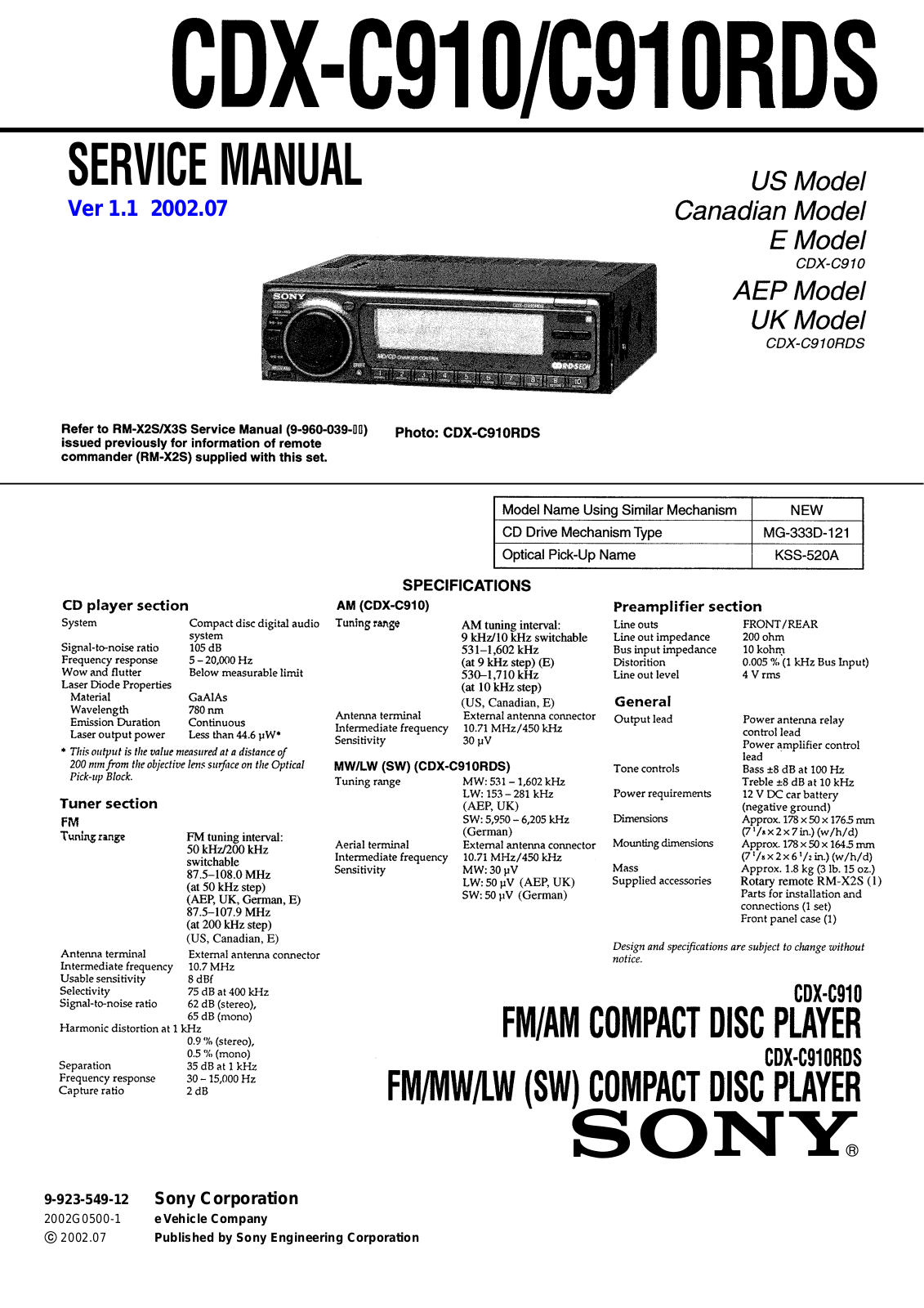 Sony CDXC-910, CDXC-910-RDS Service manual