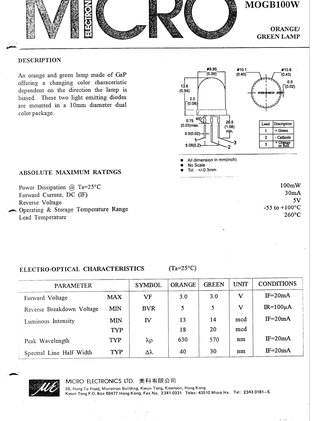 MICRO MOGB100W Datasheet