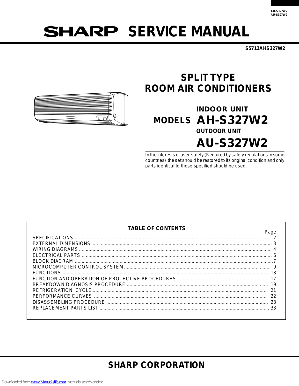 Sharp AH-S327W2, AU-S327W2 Service Manual