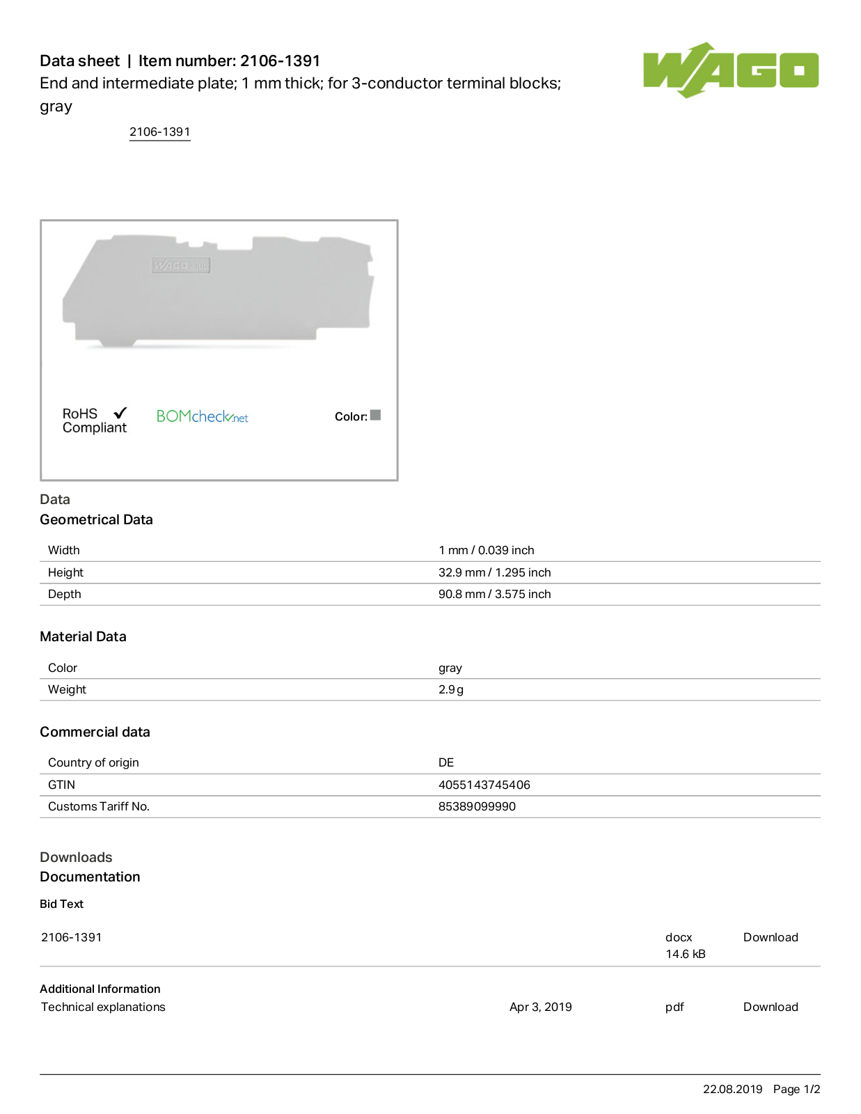 Wago 2106-1391 Data Sheet