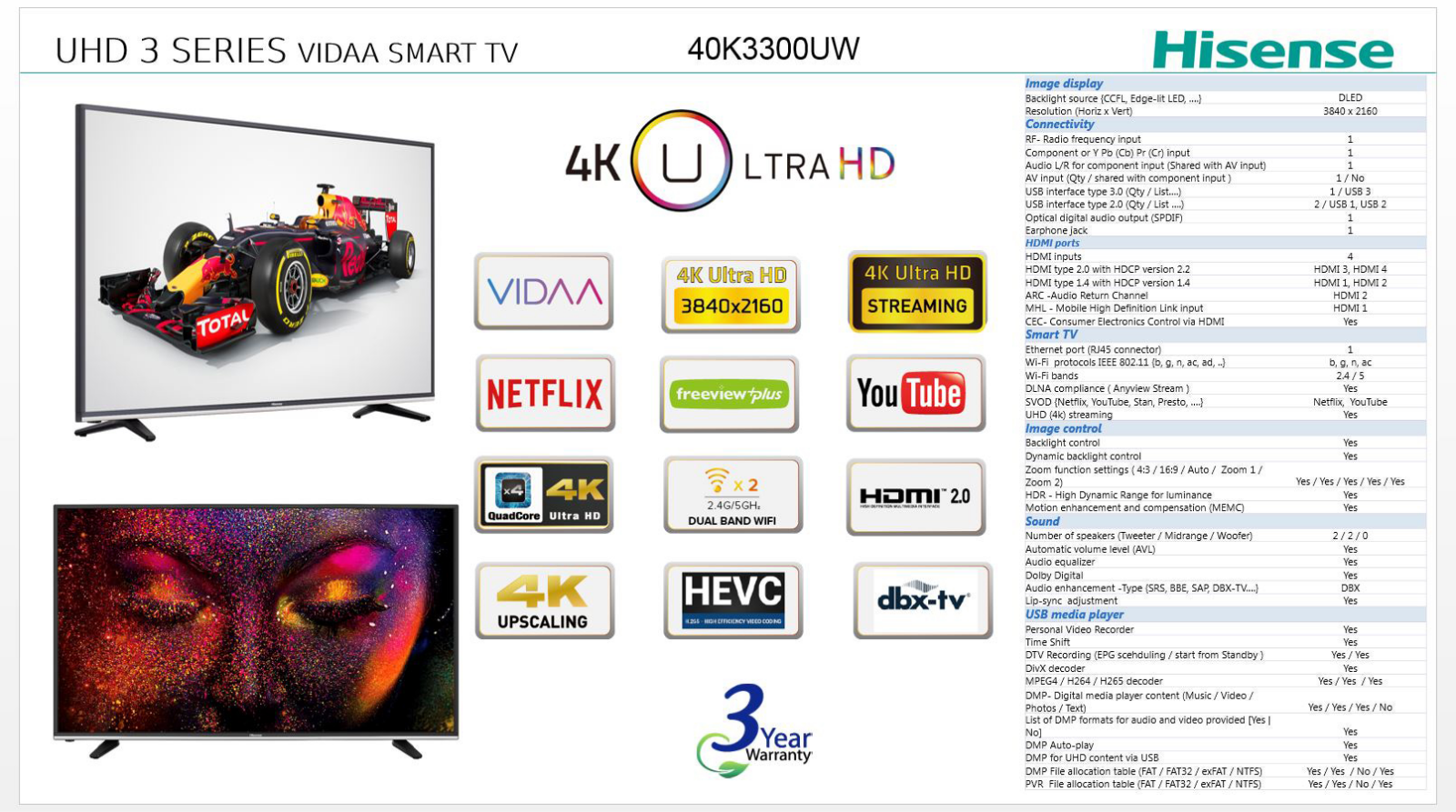 Hisense 40K3300UW Specifications Sheet