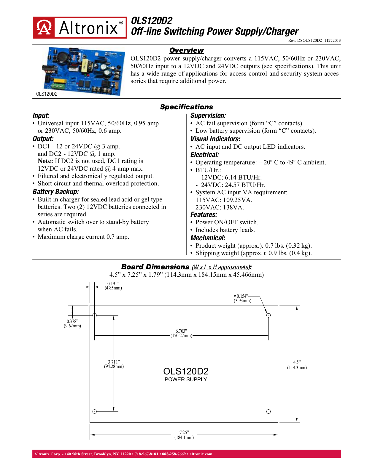 Altronix OLS120D2 Specsheet