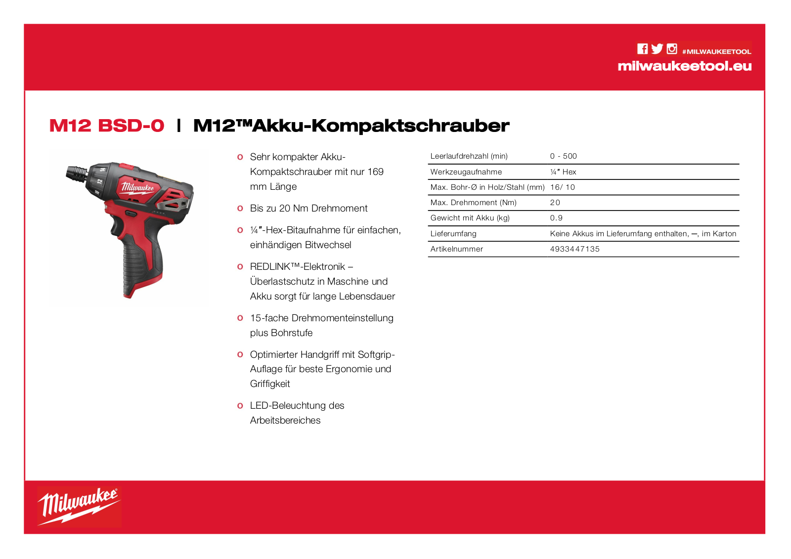 Milwaukee M12 BSD-0 User Manual