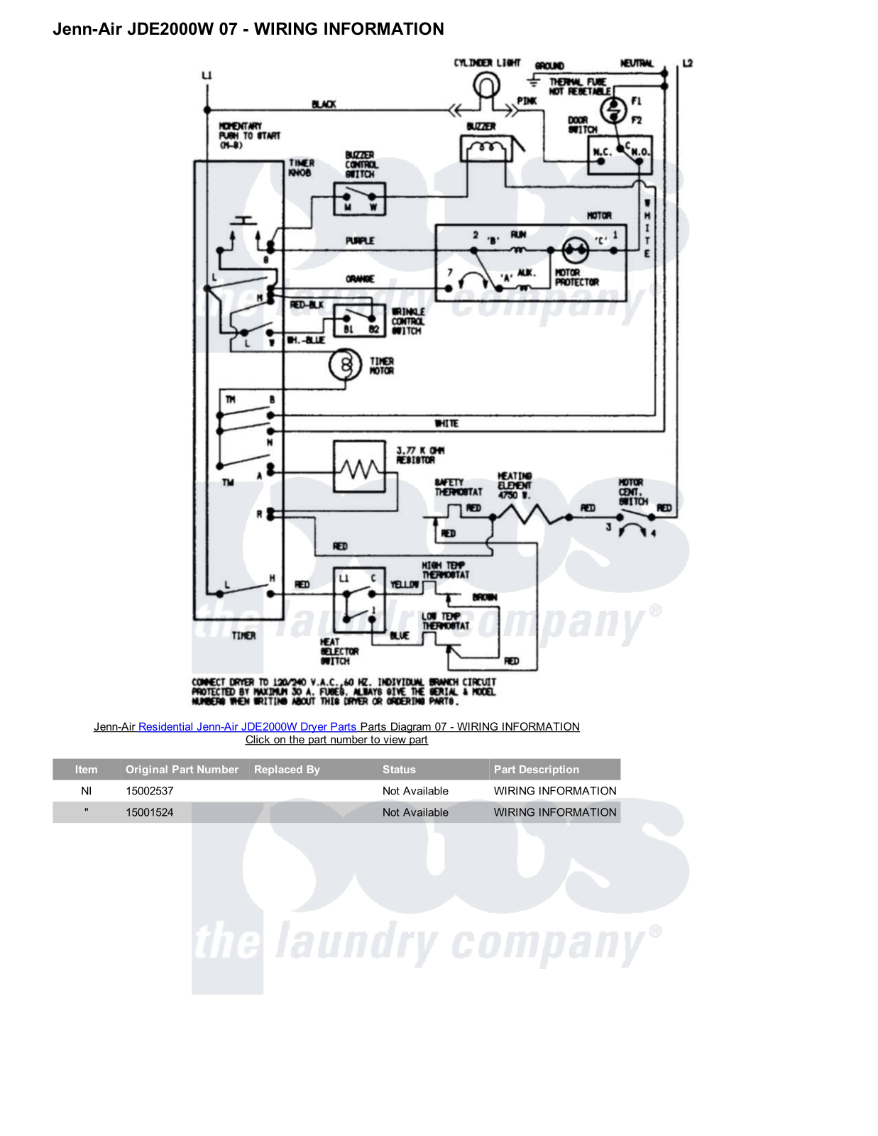 Jenn-Air JDE2000W Parts Diagram