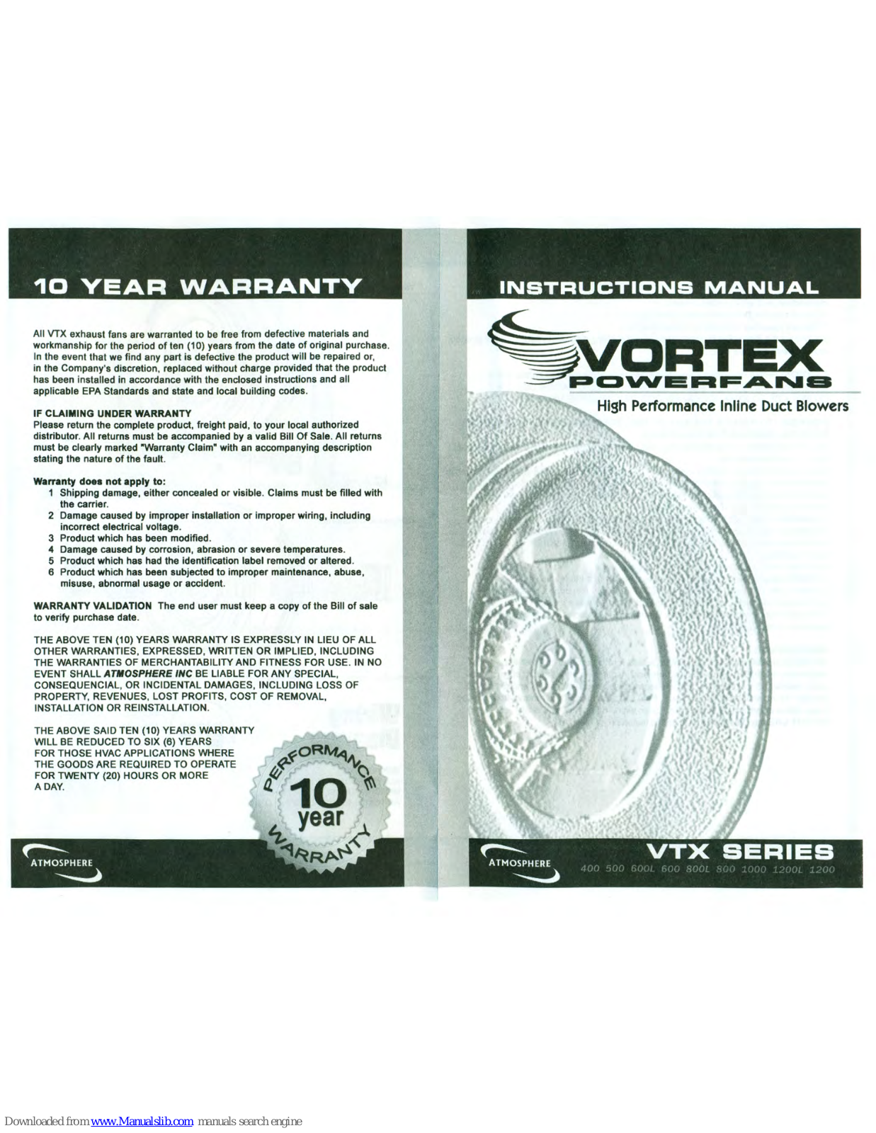 Vortex 400, 600L, 500, 600, 800 Instruction Manual