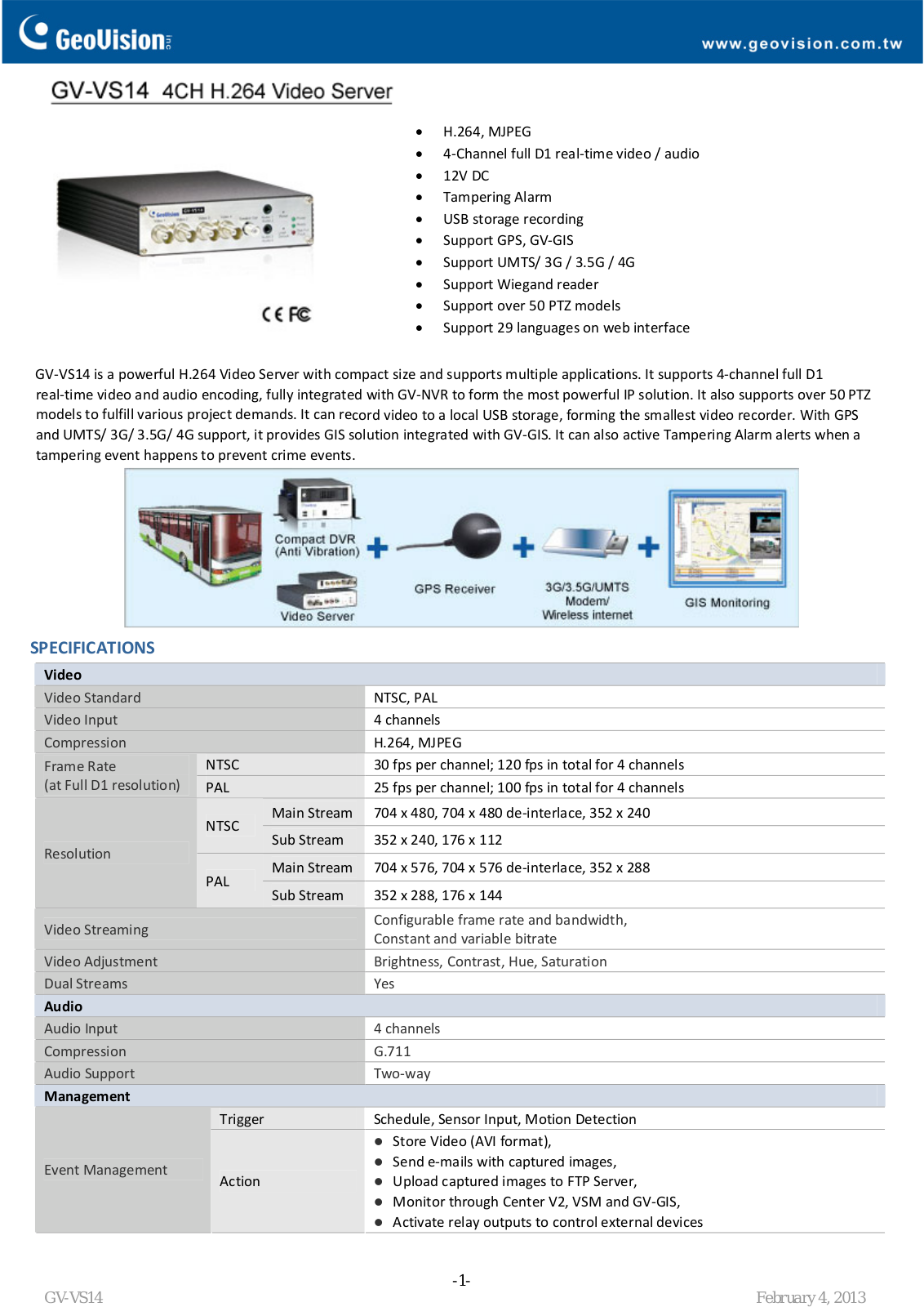 Geovision GV‐VS14 Specsheet