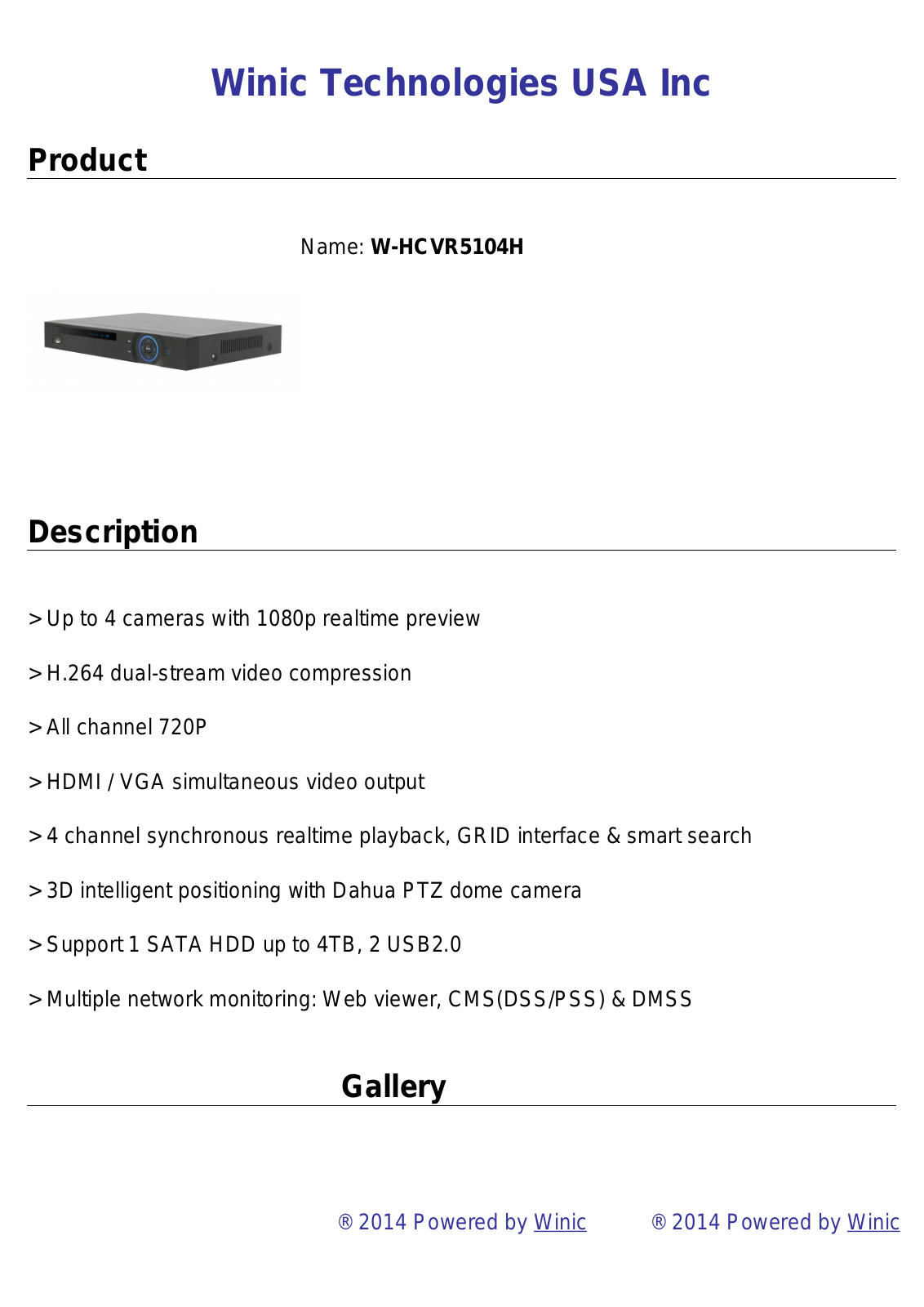 Cantek CT-HCVR5104H Specsheet