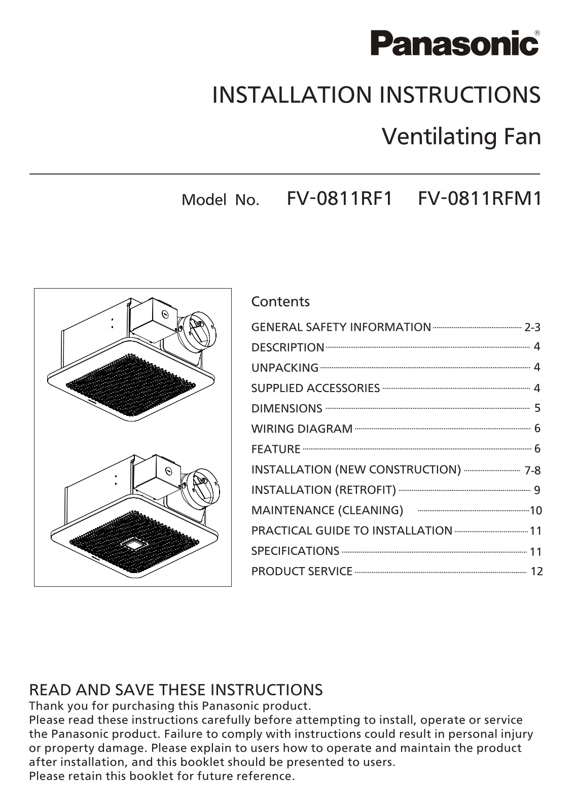 Panasonic fv-0811rf1, fv-0811rfm installation