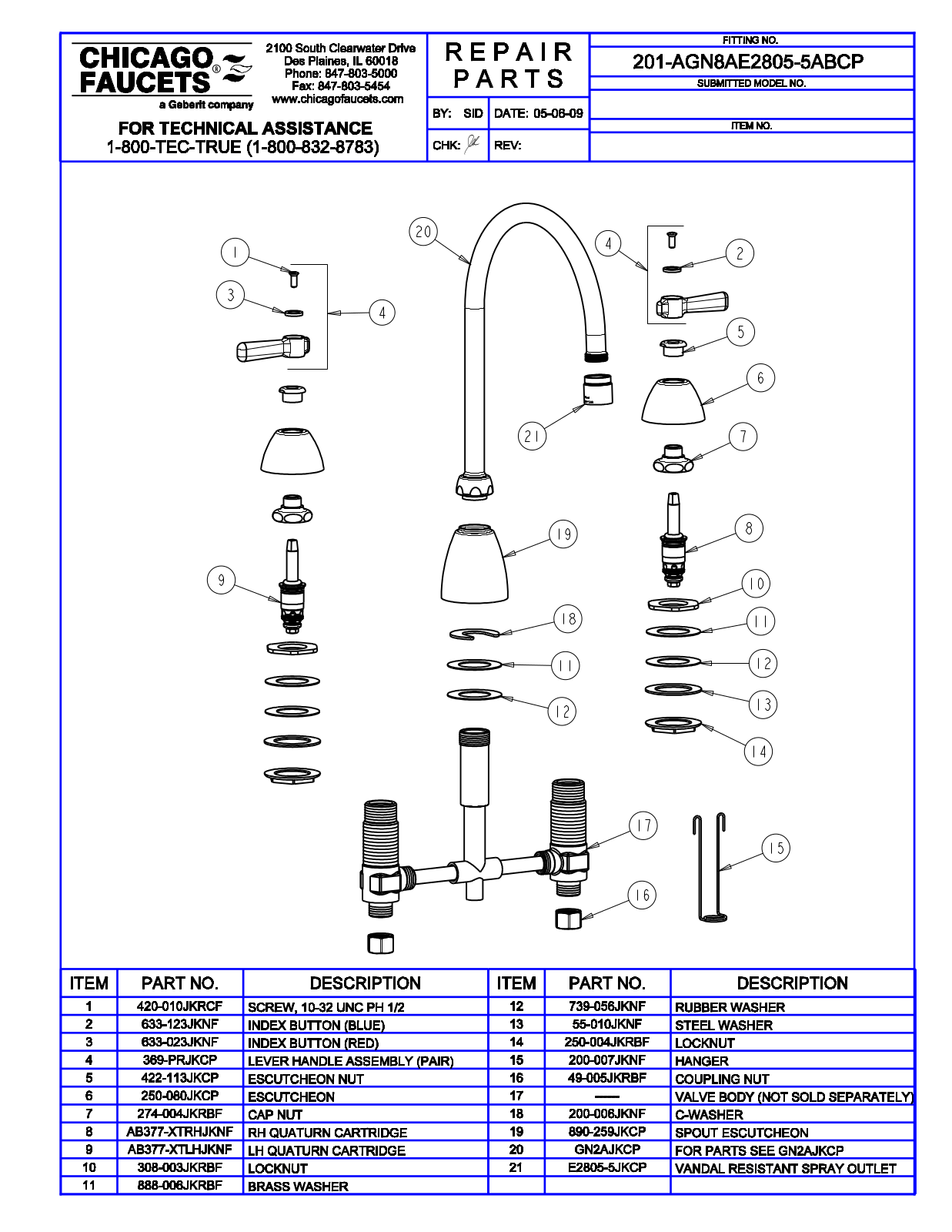 Chicago Faucet 201-AGN8AE2805-5AB Parts List