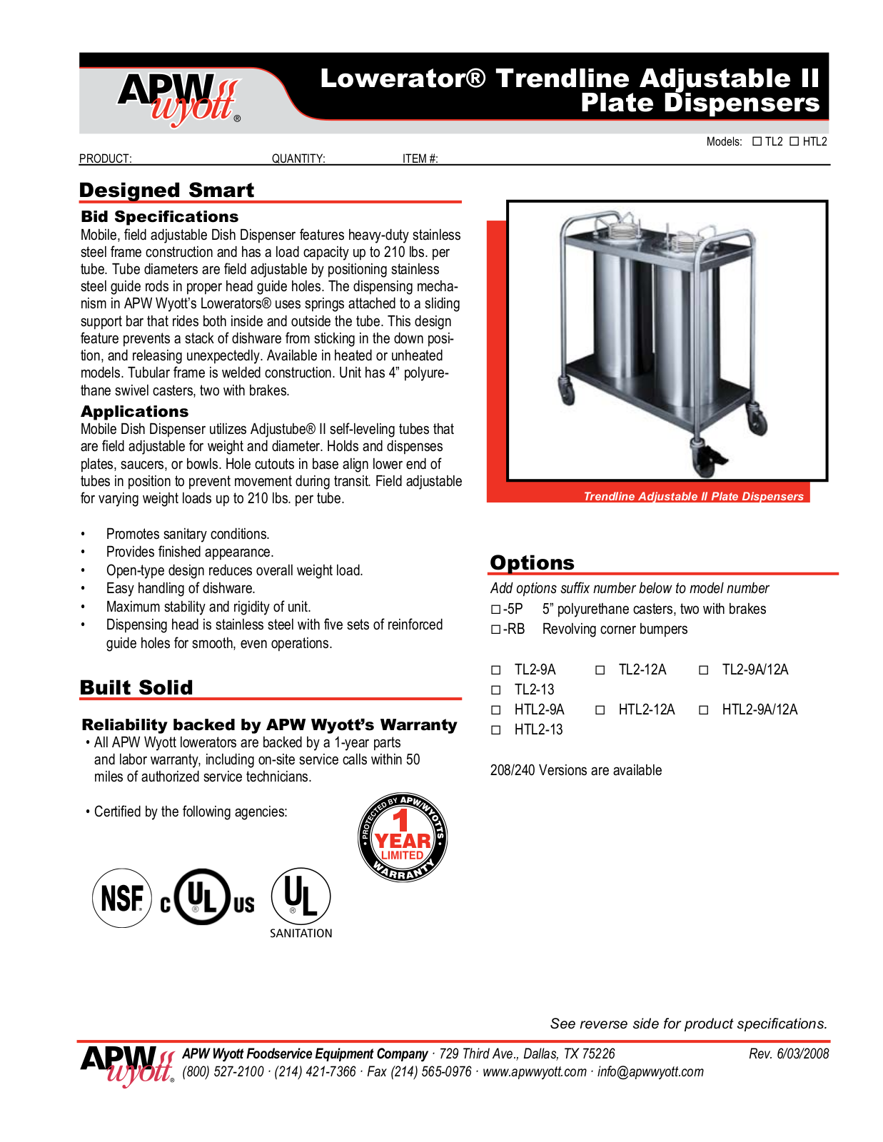 APW Wyott TL2, HTL2 General Manual