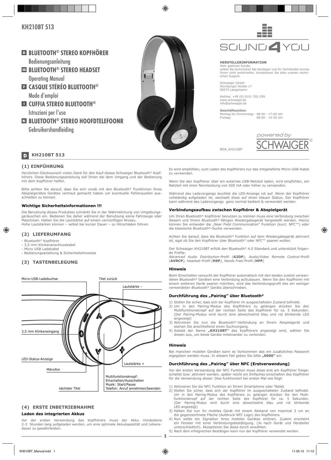 Schwaiger KH210BT operation manual