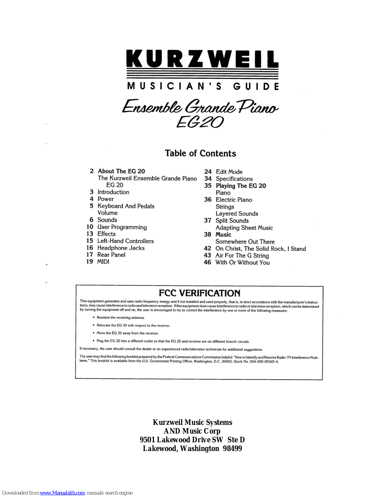 Kurzweil ENSEMBLE GRANDE PIANO EG20 User Manual