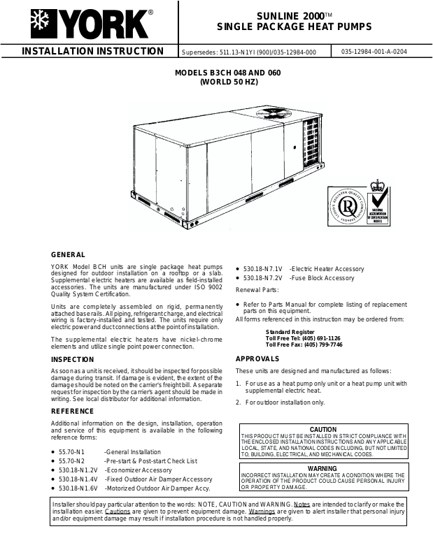 York B3CH 048, B3CH060 User Manual