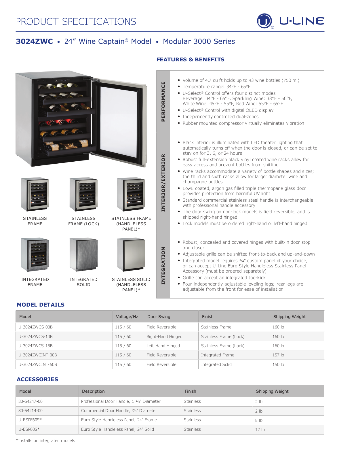 U-Line U3024ZWCS00B, U3024ZWCINT00B, U3024ZWCINT60B, U3024ZWCS15B, U3024ZWCS13B Specifications