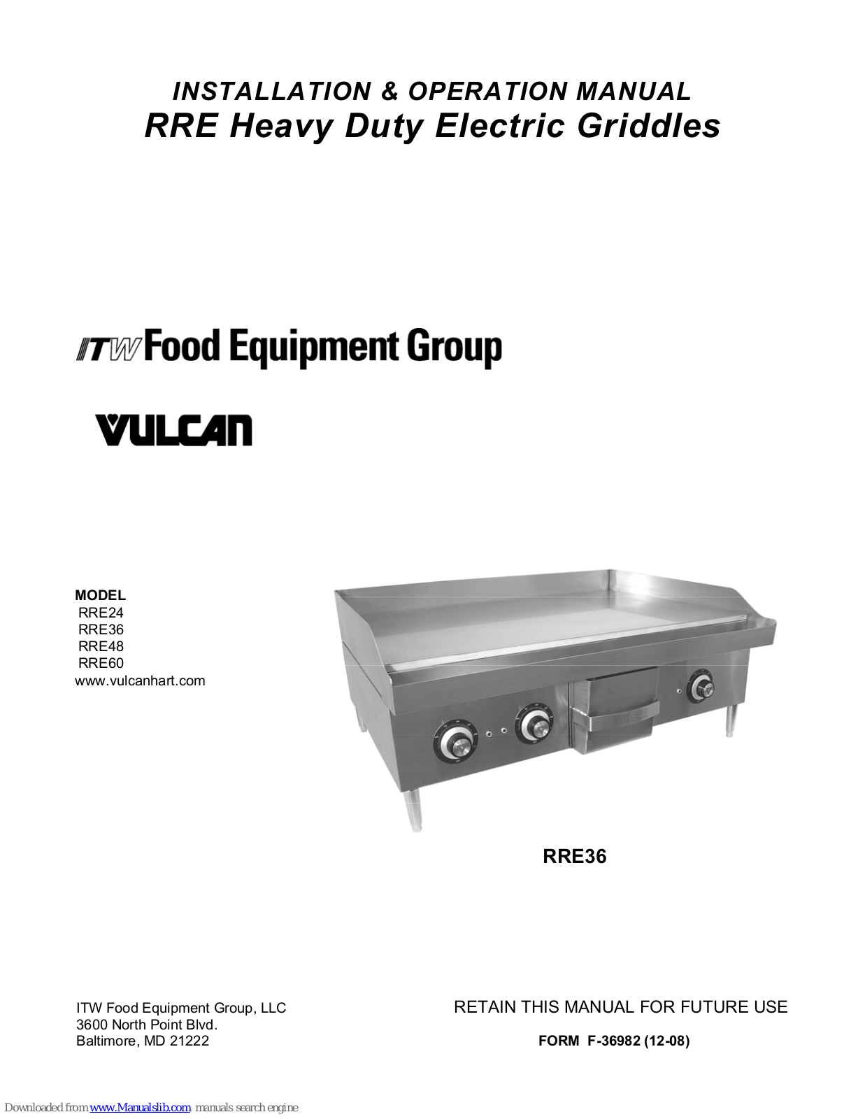 Vulcan-Hart RRE36, RRE60, RRE24D, RRE48D, RRE60D Installation & Operation Manual