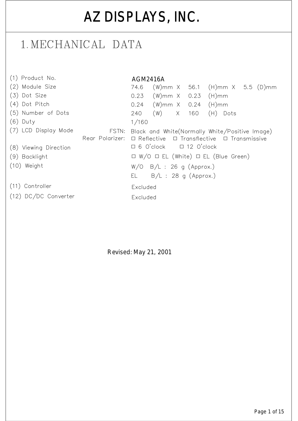 AZDIS AGM2416A-REFTW-T, AGM2416A-REFTS-T, AGM2416A-REFTH-T, AGM2416A-REFTD-T, AGM2416A-REFBW-T Datasheet