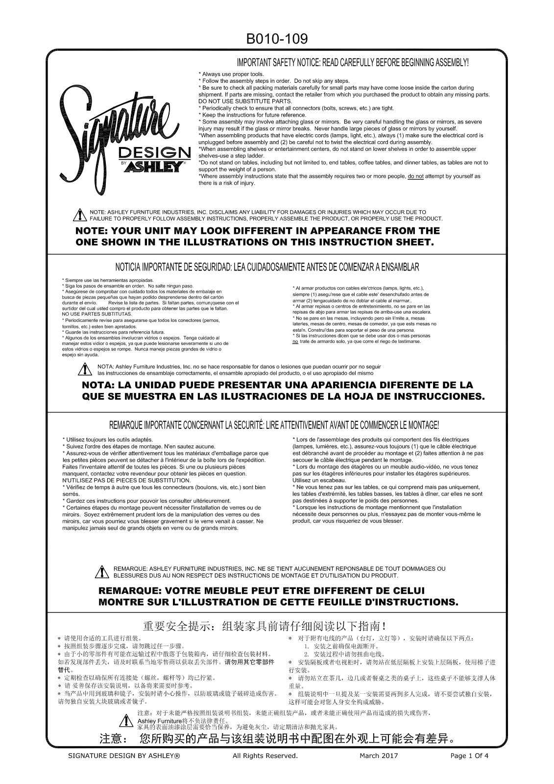 Ashley B010109 Assembly Guide