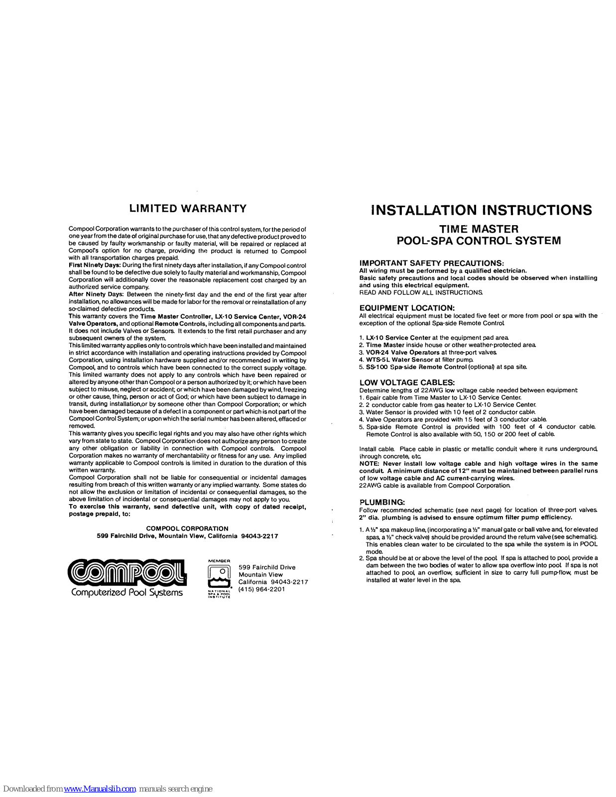 Compool Pool-Spa Control System Time Master, Time Master Installation Instructions Manual - ManualMachine.com