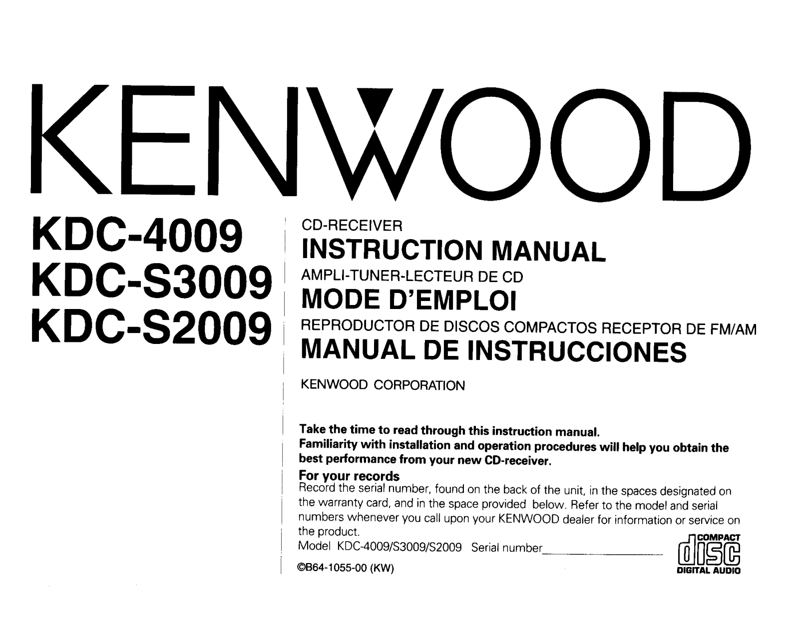 Kenwood KDC-S3009, KDC-S2009, KDC-4009 Owner's Manual