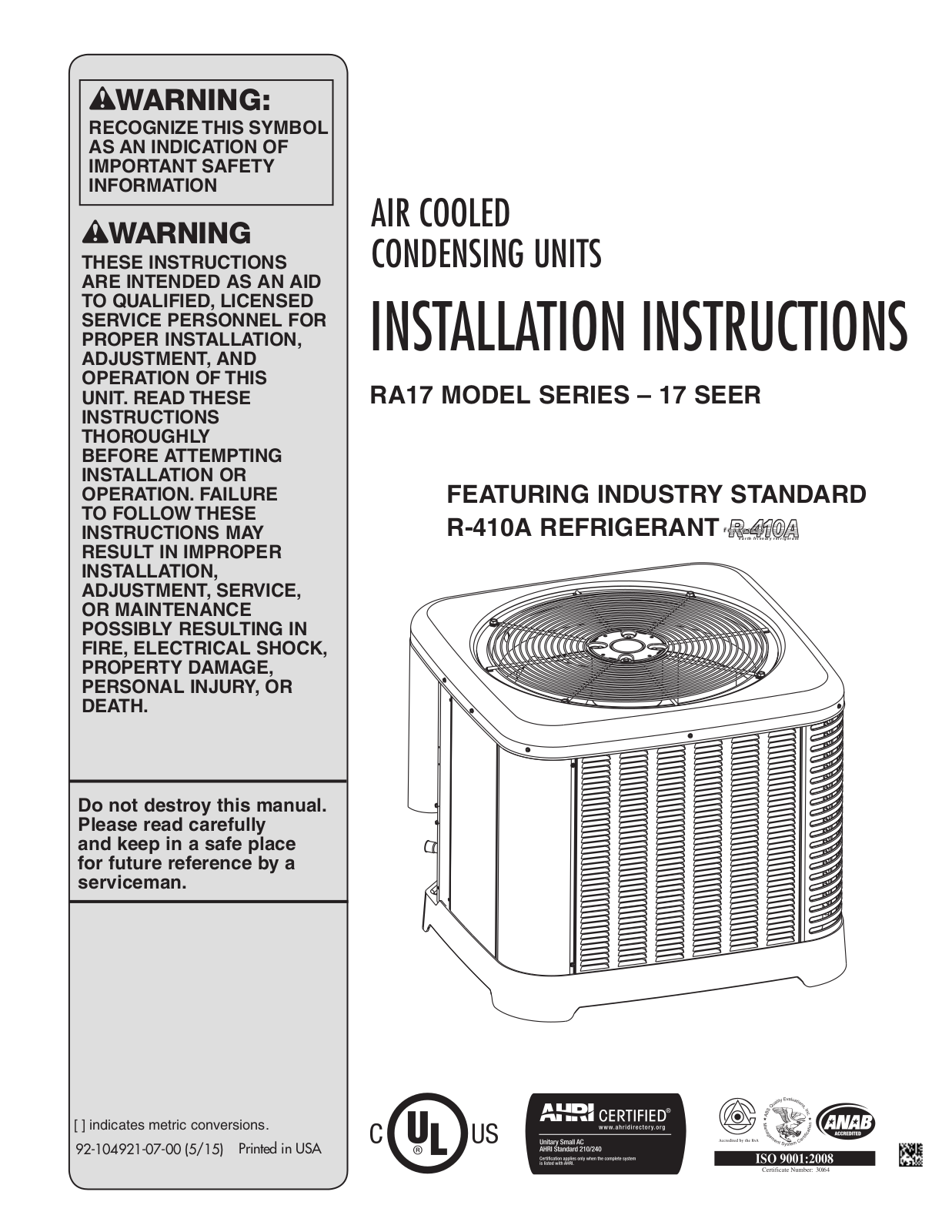 Rheem RA17 Installation Manual