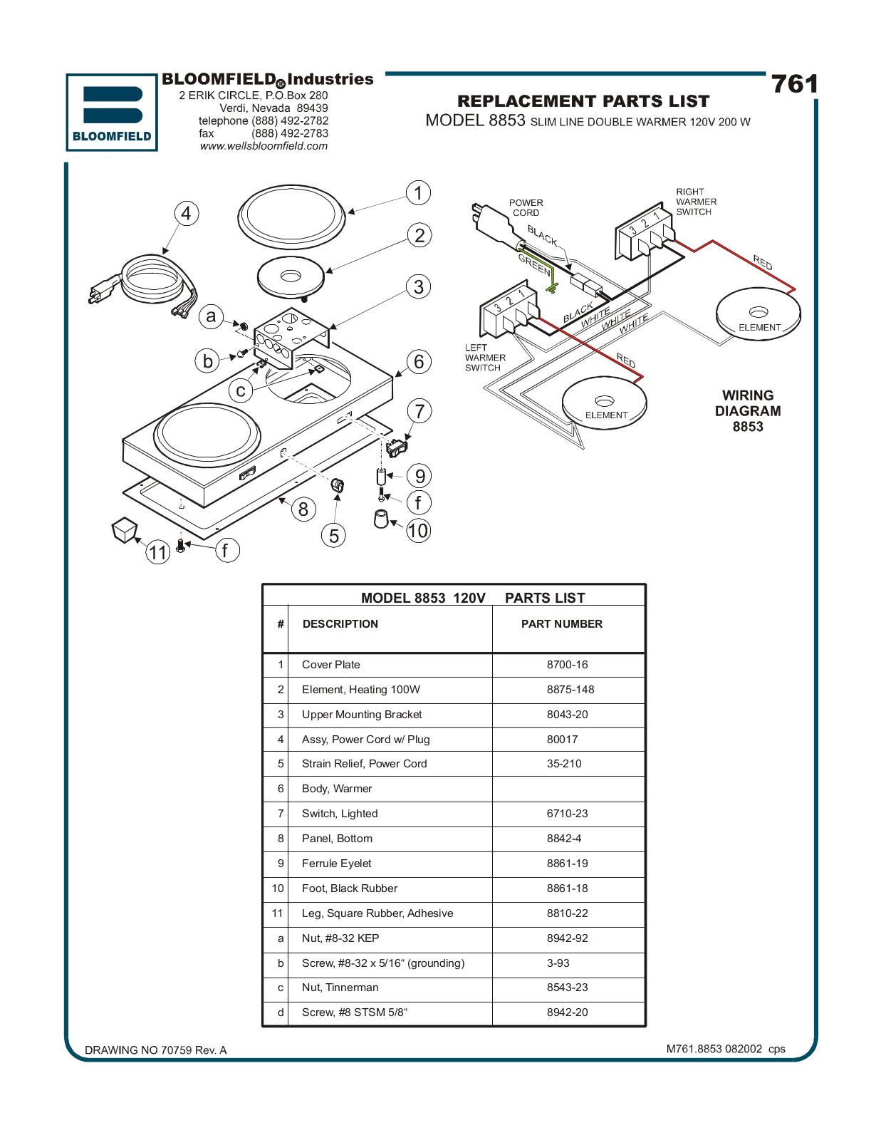 Bloomfield 8853 Part Manual